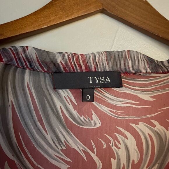 Tysa 100% silk long sleeve Red blouse, 0, XS flutter cuff, deep V open neckline - Picture 2 of 8